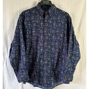 Woolrich All Over Fish Theme Long Sleeve Button Down Shirt Medium